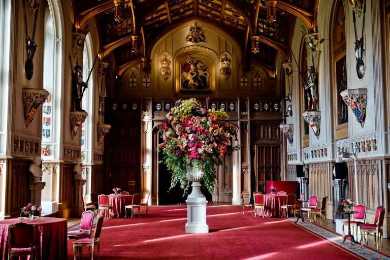 A tall arrangement of red and pink flowers in a grand hall with a red carpet.