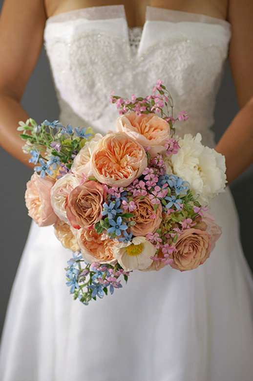 Bride holding peach and blush garden rose bouquet with blue tweedia accents