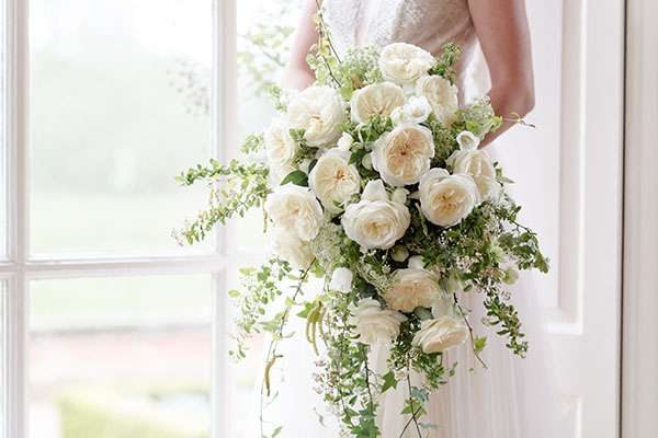 A cascading bouquet of white Leonora garden roses and greenery held against a wedding gown.