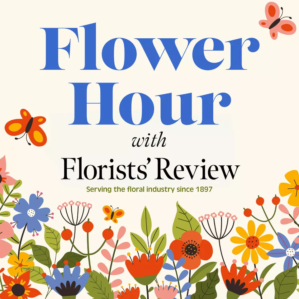 Flower Hour with Florists' Review podcast cover art with illustrated blooms