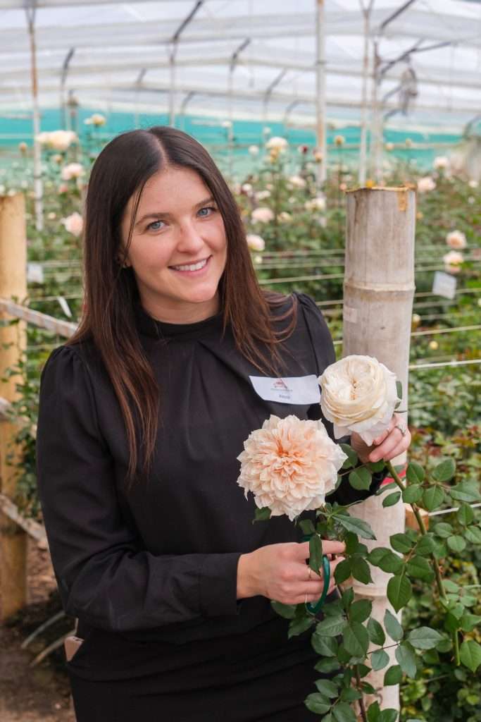 Guest holding peach and white garden roses inside the greenhouse